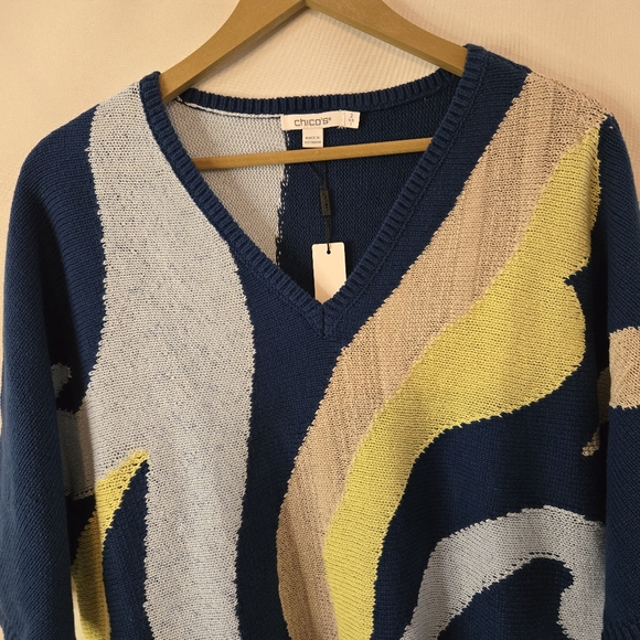 Chico's Women Sz 2 V-neck Dolman Sleeve "Seaport Multicolor Pullover Sweater - Picture 5 of 9